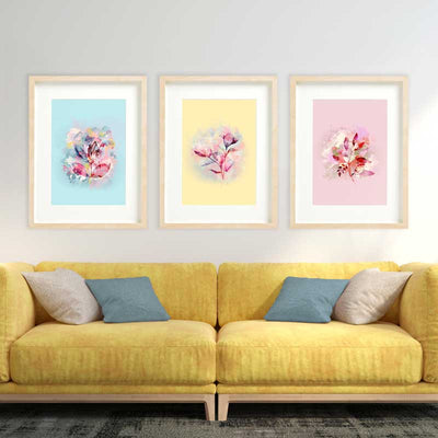 pale pastel blue, pink & yellow abstract floral leaves wall art prints by Claude & Leighton