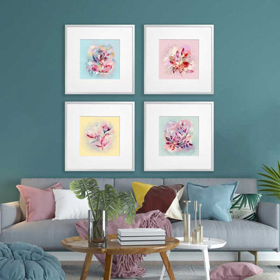 Pale pastel blue, pink, green & yellow abstract floral leaves wall art prints by Claude & Leighton