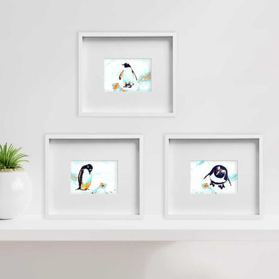 Magellanic, Emperor & King Penguin gift set of 3 mini wall art prints - shown framed - buy at Claude & Leighton