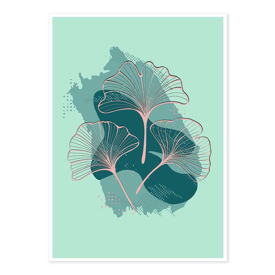 Pink Ginkgo Leaves on Green art poster with 5mm border - Claude & Leighton