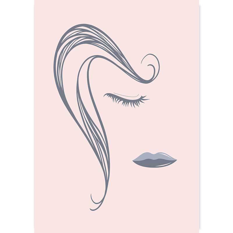 Abstract Lines Female Face Poster - grey on dusky pink - Claude & Leighton