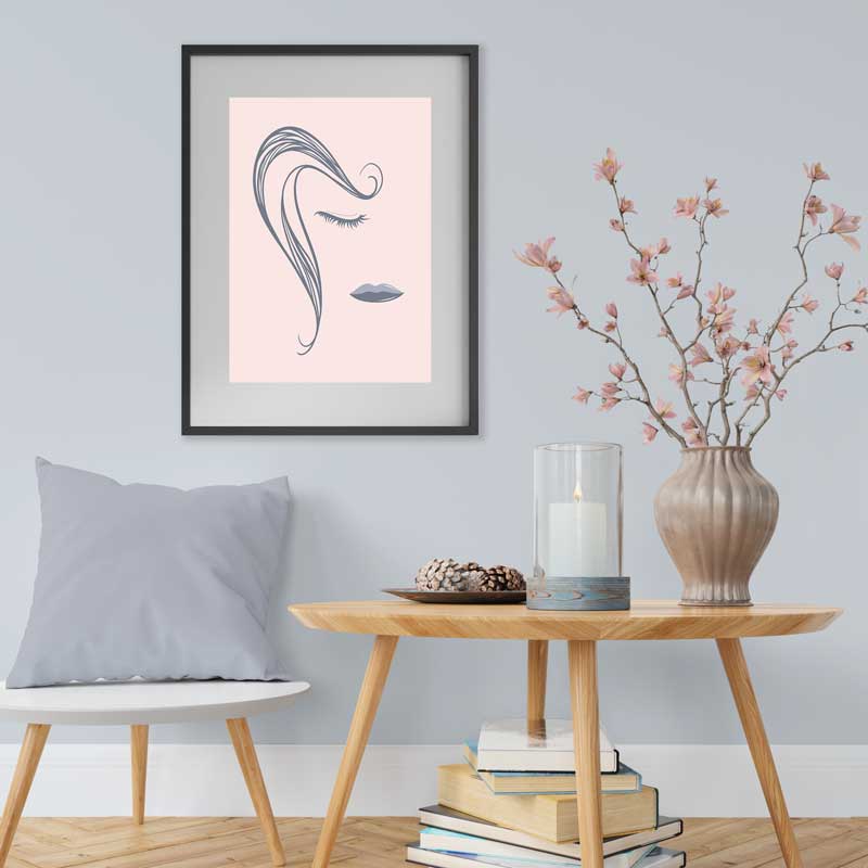 Abstract Lines Female Face Poster - grey on dusky pink - Claude & Leighton