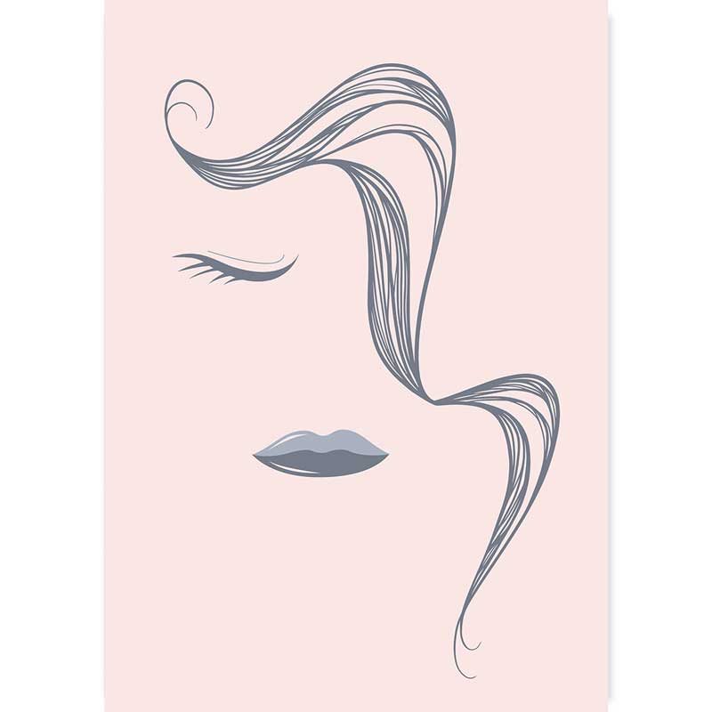 Abstract Lines Female Face with Pony Tail Poster - grey on dusky pink - Claude & Leighton