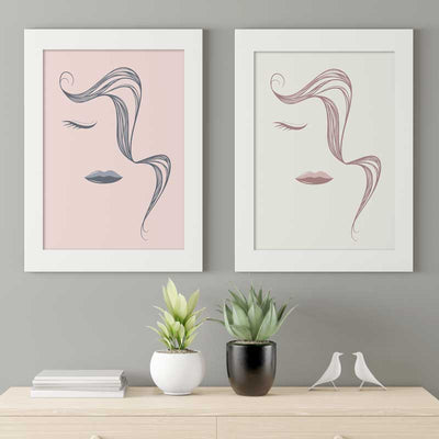 Abstract Lines Female Face with Pony Tail Posters in pink and grey versions - Claude & Leighton