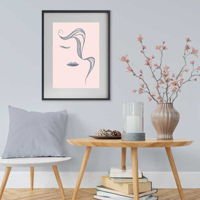 Abstract Lines Female Face with Pony Tail Poster - grey on dusky pink - Claude & Leighton