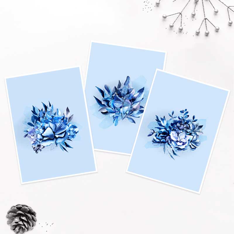 Gift set of 3 Blissful Blue Leaves mini art prints by Claude & Leighton