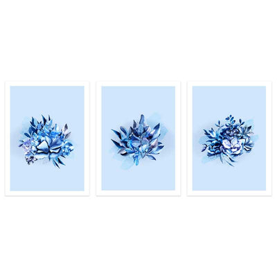 Set of 3 Blissful Blue Leaves Art Prints