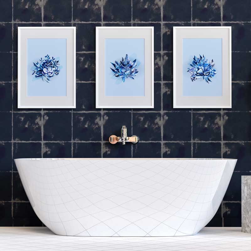 Set of 3 Blissful Blue Leaves botanical art prints by Claude & Leighton. Watercolour leaves and petals artwork ideal for bathroom art 