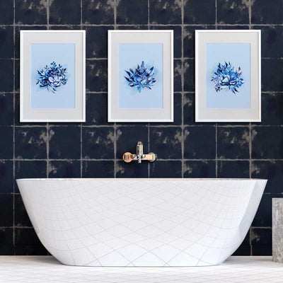 Blissful Blue Leaves I botanical art print by Claude & Leighton - watercolour leaves and petals wall art ideal for bathroom art 