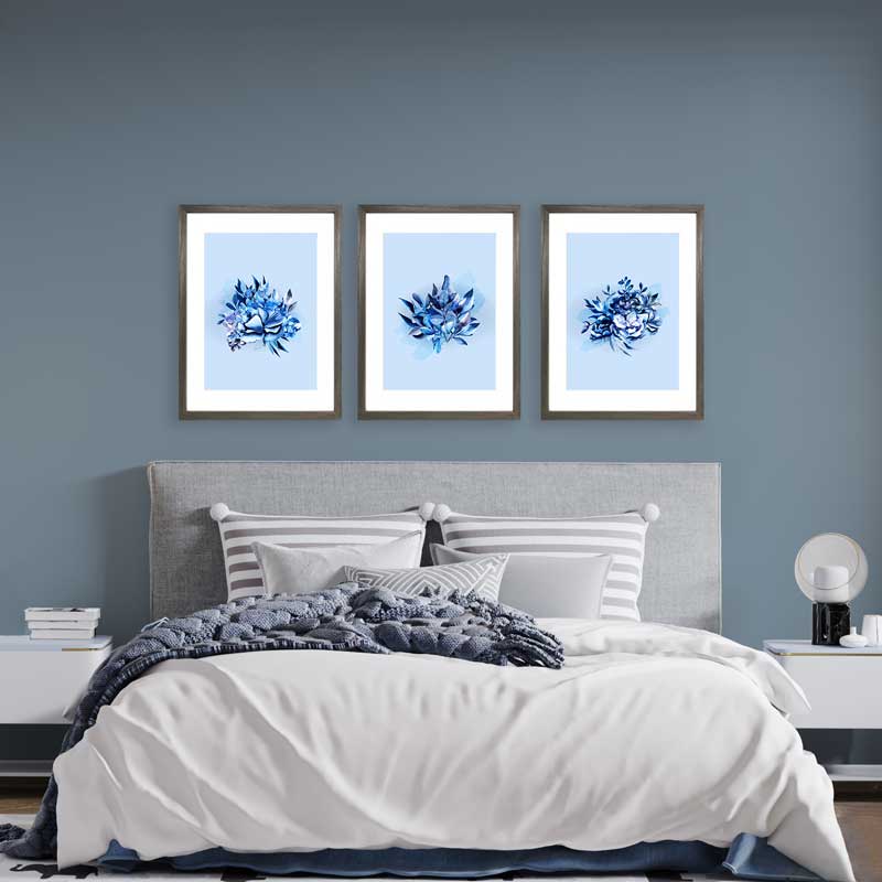 Set of 3 Blissful Blue Leaves botanical art prints by Claude & Leighton. Watercolour leaves and petals artwork ideal for bedroom art 
