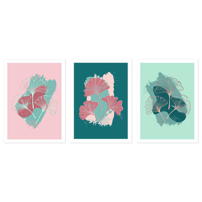 Set of three Ginkgo Leaves art posters in pink and green 15mm border - Claude & Leighton