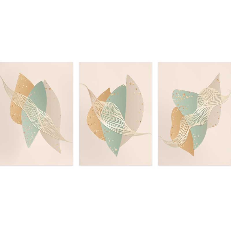Set of three Gold Flake Abstract Shapes Art Prints by Claude & Leighton.  Elegant geometric wall art in muted shades of gold and pale green.
