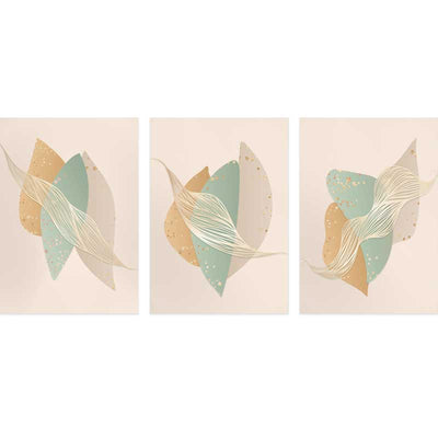 Set of three Gold Flake Abstract Shapes Art Prints by Claude & Leighton.  Elegant geometric wall art in muted shades of gold and pale green.