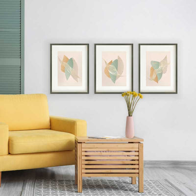 Set of three Gold Flake Abstract Shapes Art Prints by Claude & Leighton. Geometric design art in muted shades of pale green and gold ideal for relaxing, calm interiors.