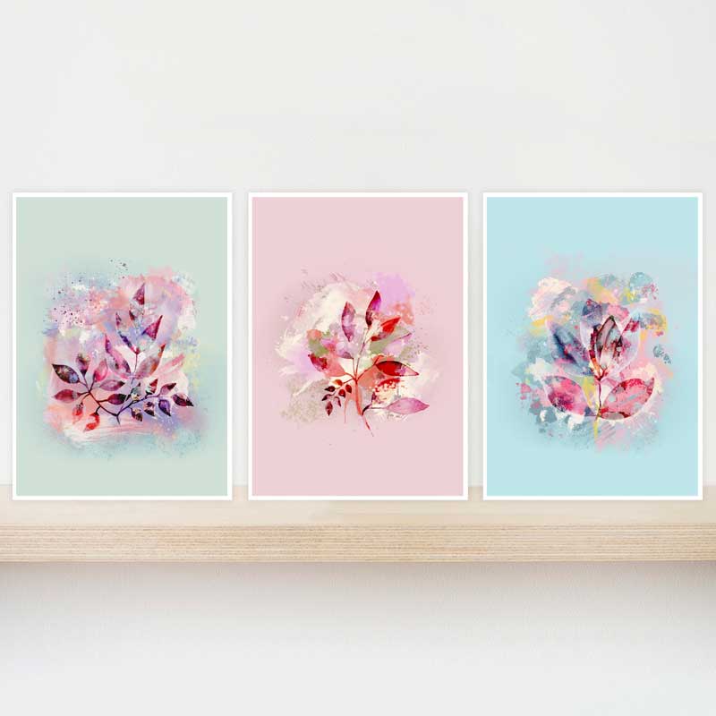 Gift set of 3 green, pink & blue Pastel Abstract Floral Leaves mini art prints by Claude & Leighton