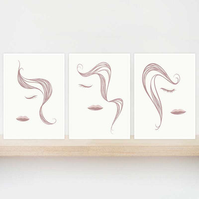 Gift set of 3 pink Abstract Line Art Female Faces mini art prints by Claude & Leighton