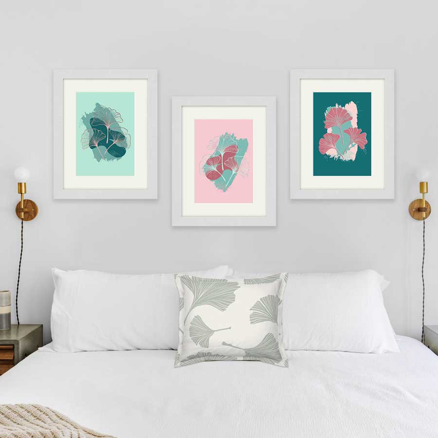 Set of three Ginkgo Leaves abstract botanical art posters hangs so well in a bedroom - Claude & Leighton