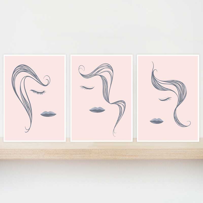 Gift set of 3 pink & grey Abstract Line art Female Faces mini art prints by Claude & Leighton