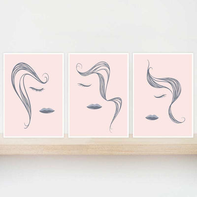 Gift set of 3 pink & grey Abstract Line art Female Faces mini art prints by Claude & Leighton