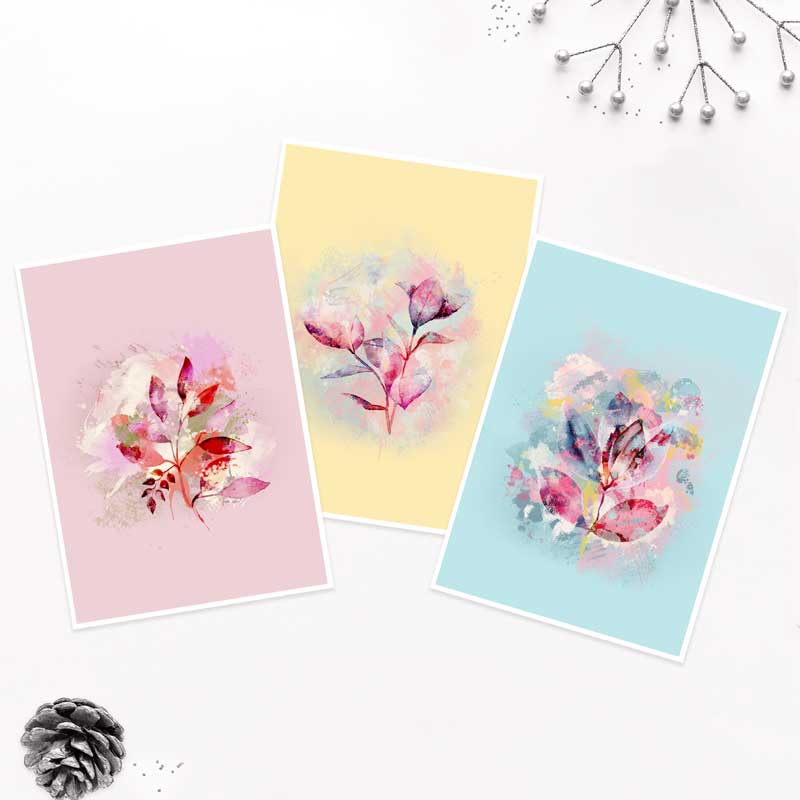 Gift set of 3 pink, yellow & blue Pastel Abstract Floral Leaves mini art prints by Claude & Leighton