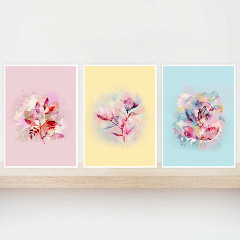 Gift set of 3 pink, yellow & blue Pastel Abstract Floral Leaves mini art prints by Claude & Leighton