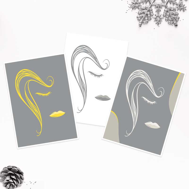Gift set of 3 Abstract Lines Female Faces mini art prints by Claude & Leighton