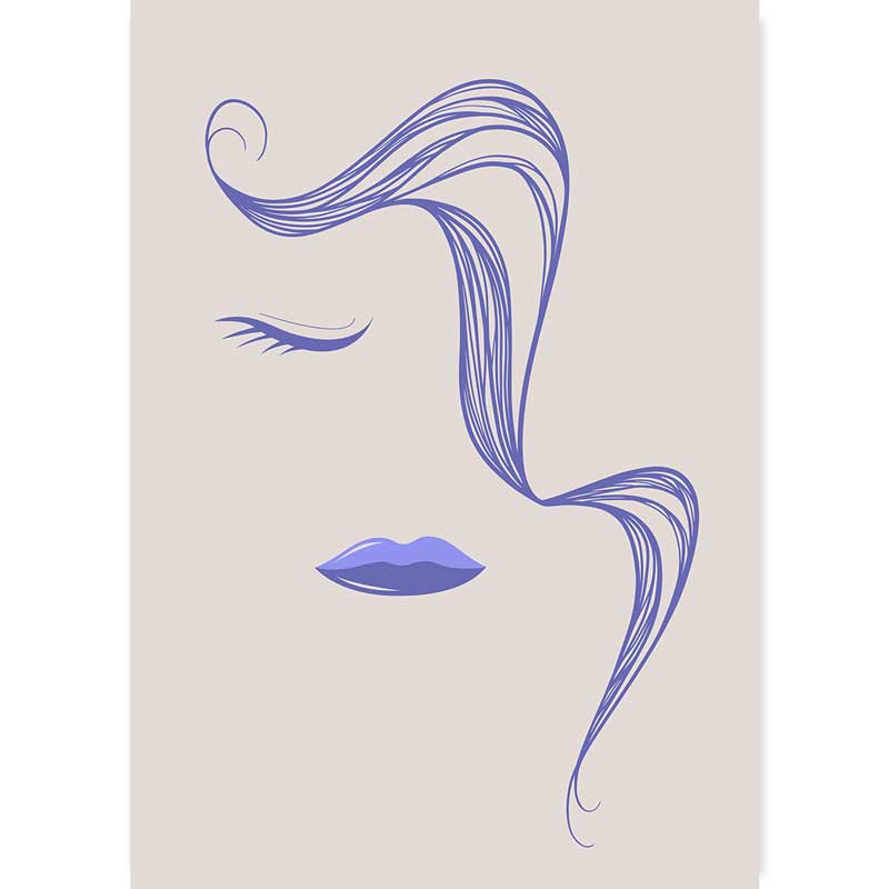 Very Peri Abstract Lines Female Face with Pony Tail Poster by Claude & Leighton. Violet blue line drawing art print.