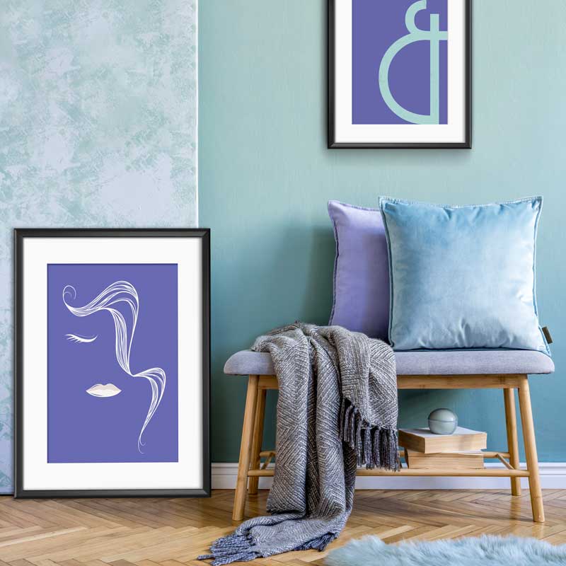 Very Peri & White Abstract Lines Female Face with Pony Tail Poster by Claude & Leighton. Violet blue line drawing art home decor ideal for Pantone Colour of the Year 2022 interiors schemes for homes & offices.