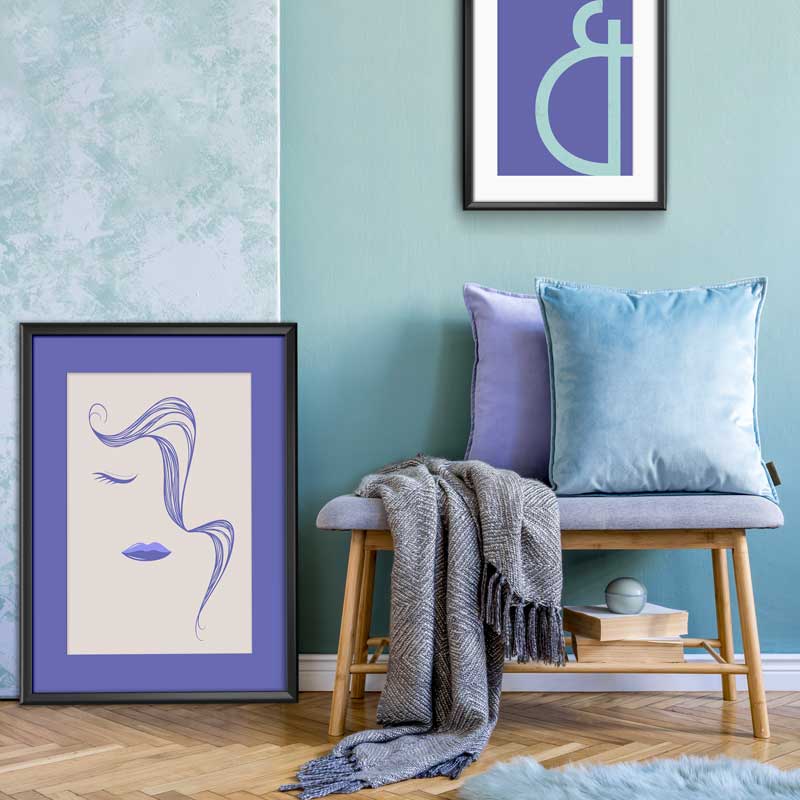 Very Peri Abstract Lines Female Face with Pony Tail Poster by Claude & Leighton. Violet blue line drawing art home decor ideal for Pantone Colour of the Year 2022 interiors schemes for homes & offices.