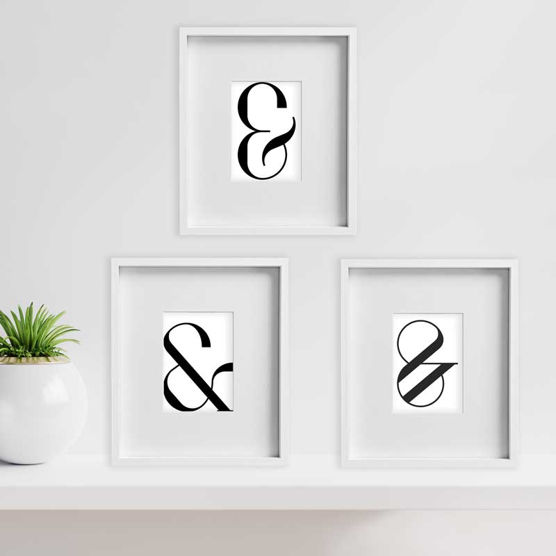 Black on white Ampersand Typography gift set of 3 mini art prints (shown framed) by Claude & Leighton