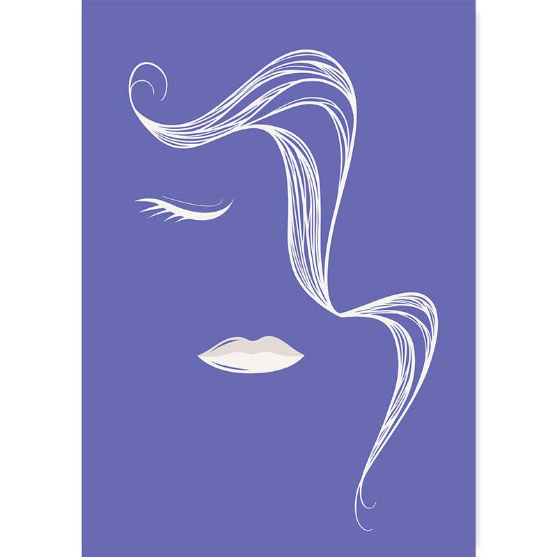 Very Peri & White Abstract Lines Female Face with Pony Tail Poster by Claude & Leighton. Violet blue line drawing art print.